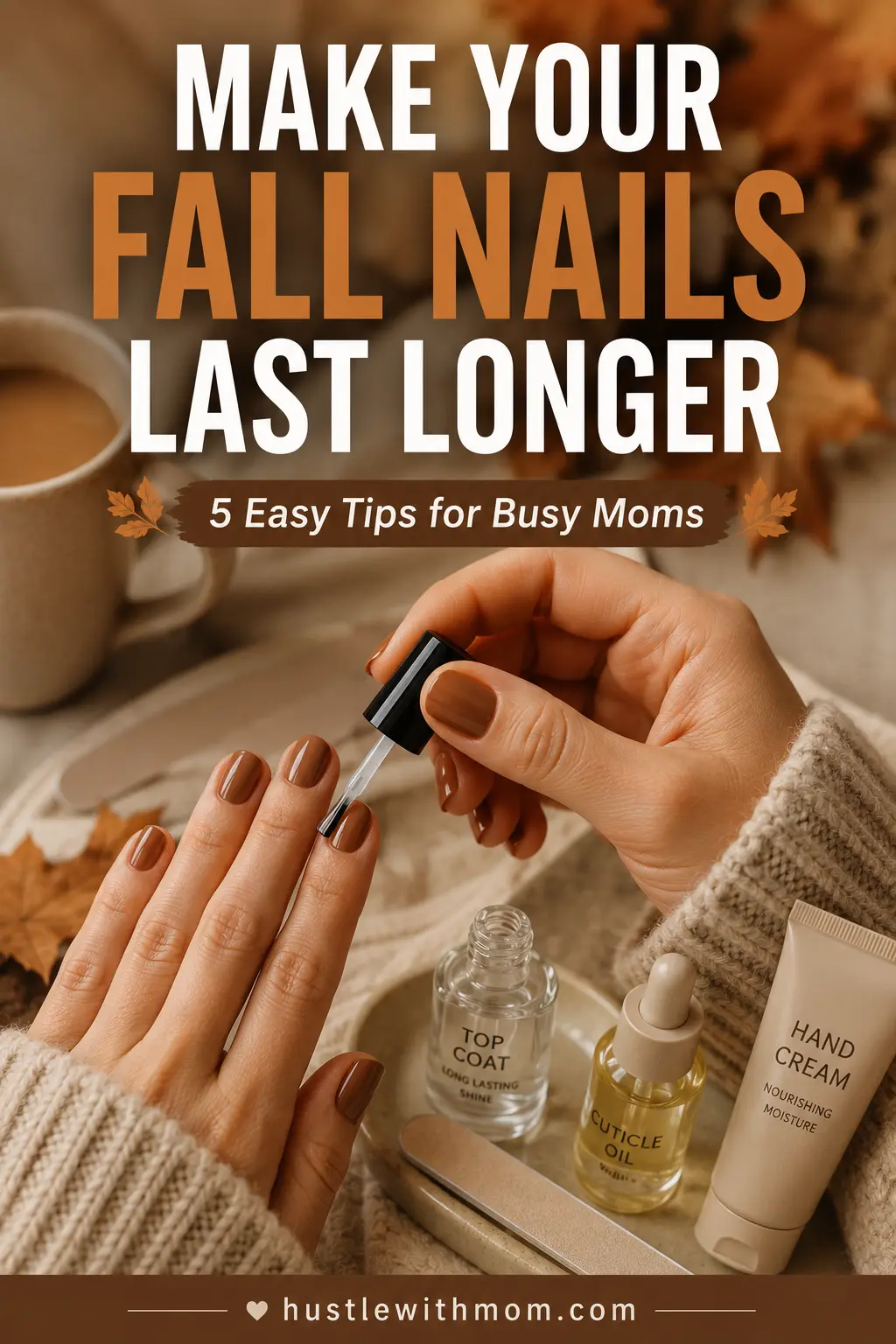 Mom applying top coat to simple fall nails while using nail care products to make her manicure last longer.