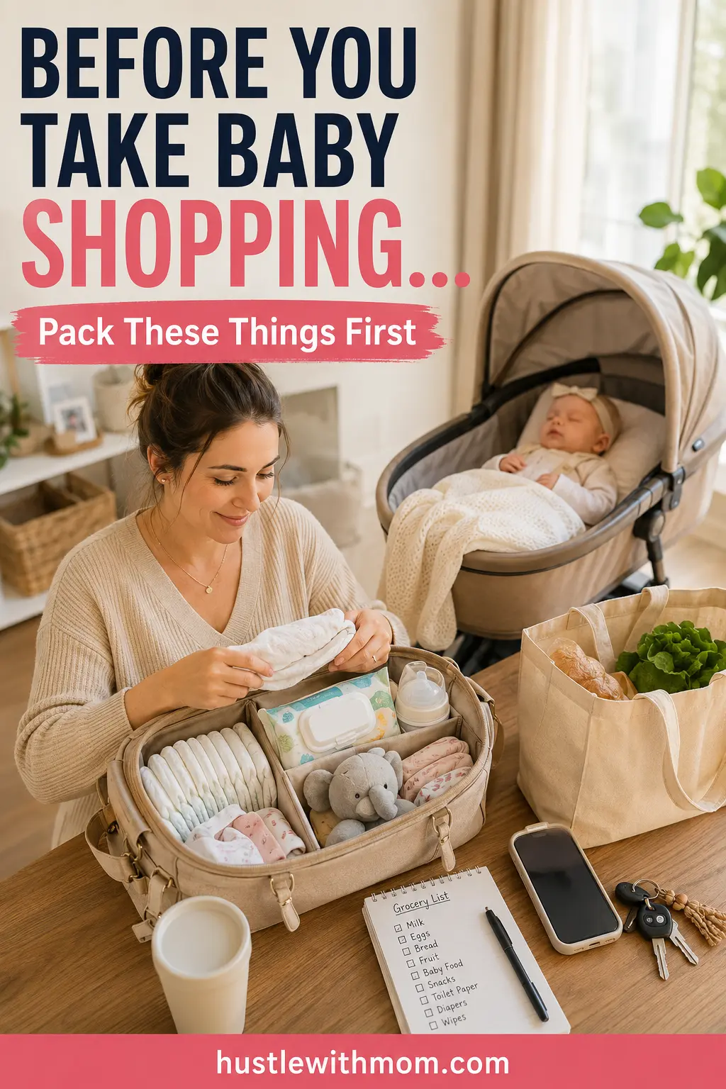 New mom packing a diaper bag and grocery list before leaving home with her newborn.
