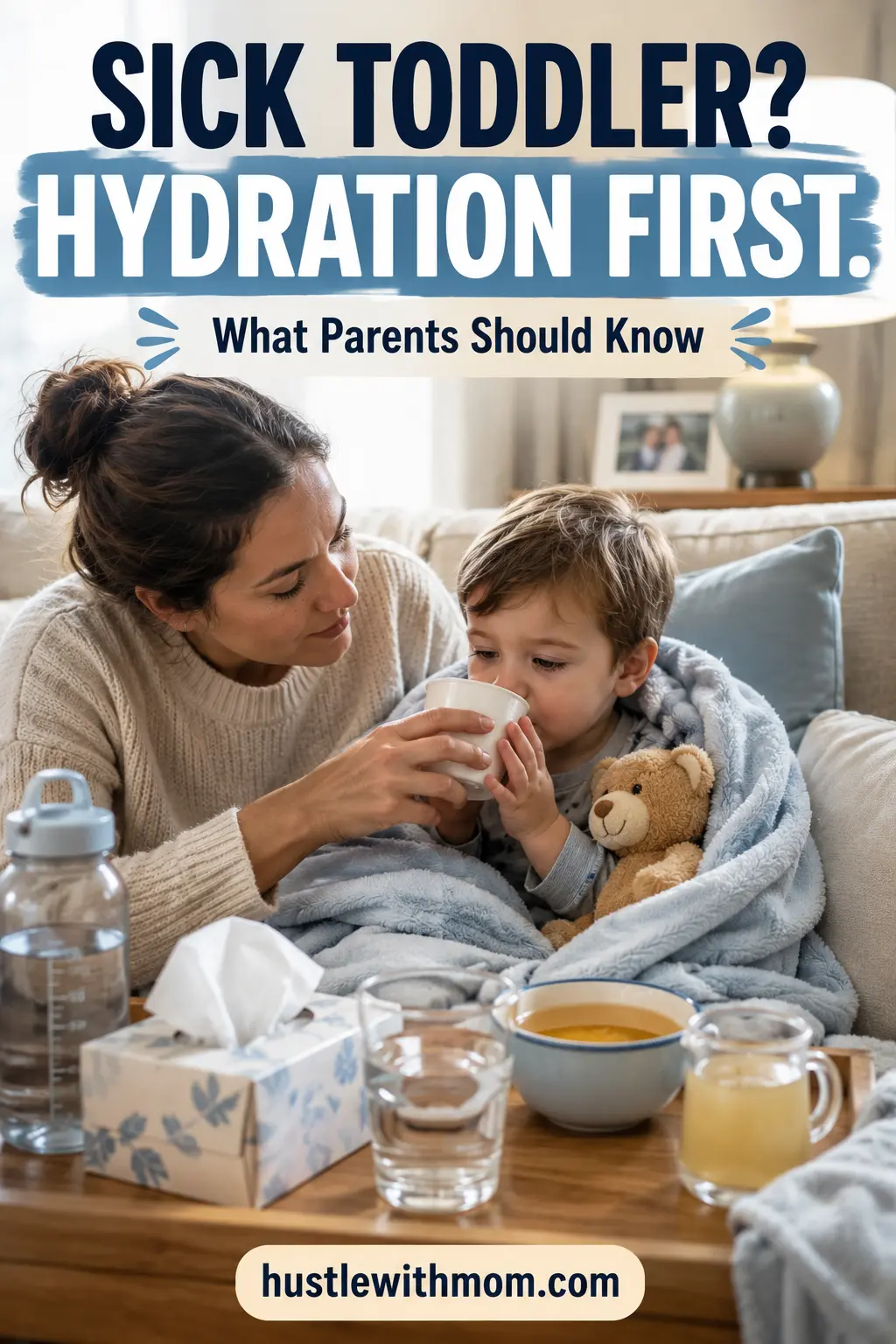 Parent offering fluids to a sick toddler resting comfortably on the couch.