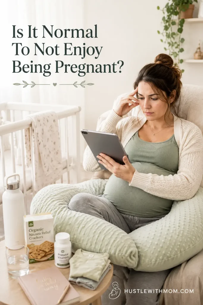 Pregnant woman reading information while sitting in a peaceful nursery.