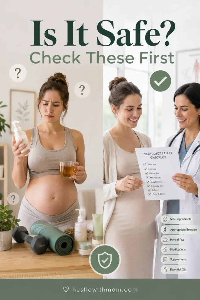 Pregnant woman reviewing a pregnancy safety checklist before trying a new activity.
