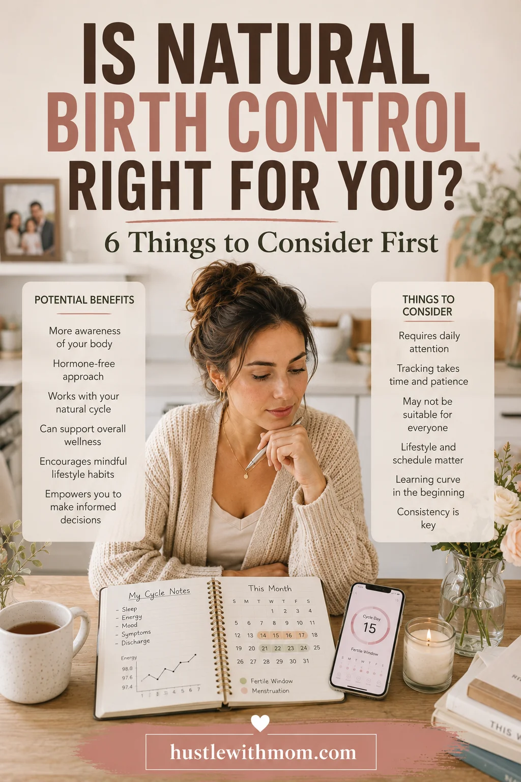 Woman considering whether natural birth control is right for her while reviewing cycle tracking information.
