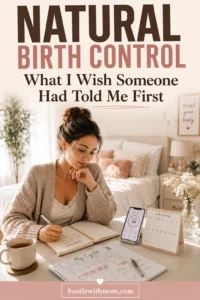 Woman researching natural birth control with a cycle calendar, journal, and smartphone at home.