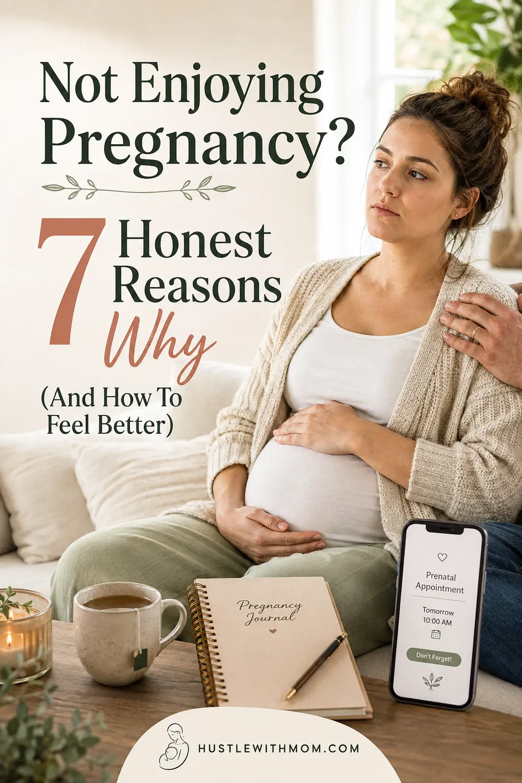 Pregnant woman sitting thoughtfully on a sofa with supportive self care items in a warm home setting.