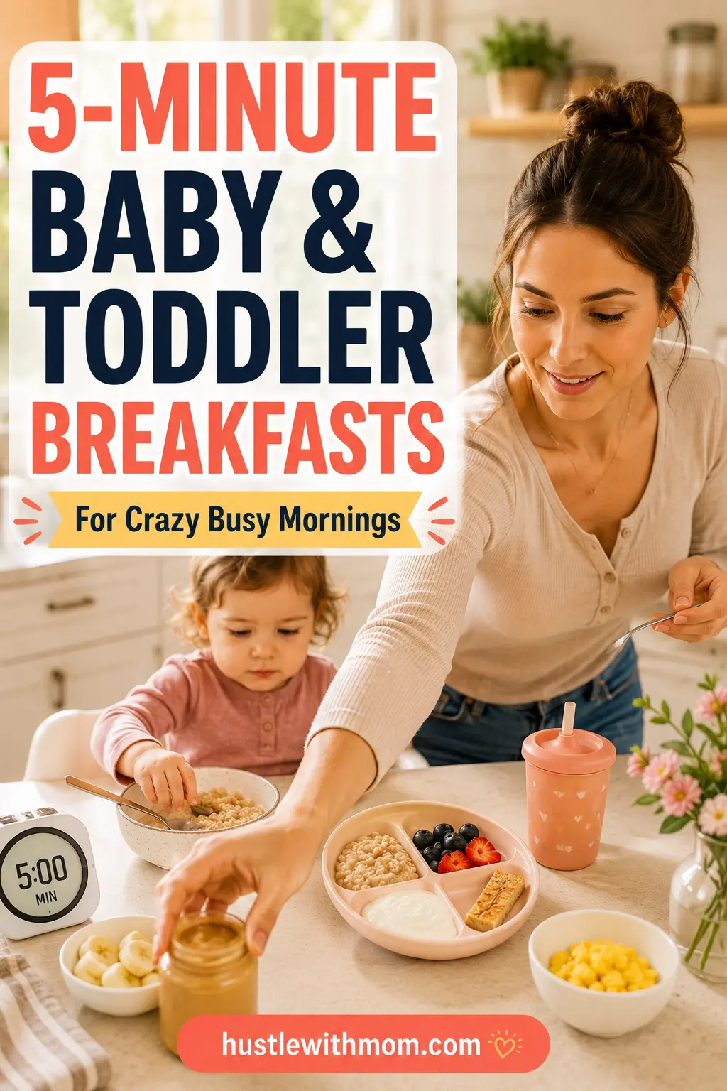 Busy mom preparing a quick five-minute breakfast for her toddler with yogurt, fruit, oatmeal, and toast.