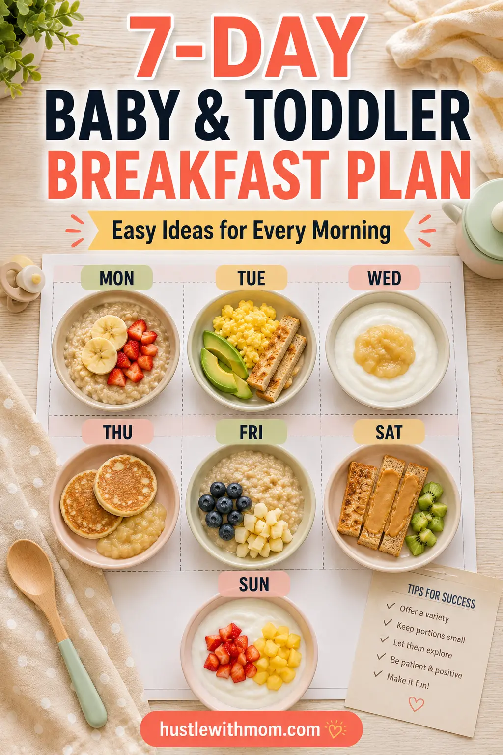 Seven-day breakfast meal plan featuring simple baby and toddler-friendly breakfast ideas.