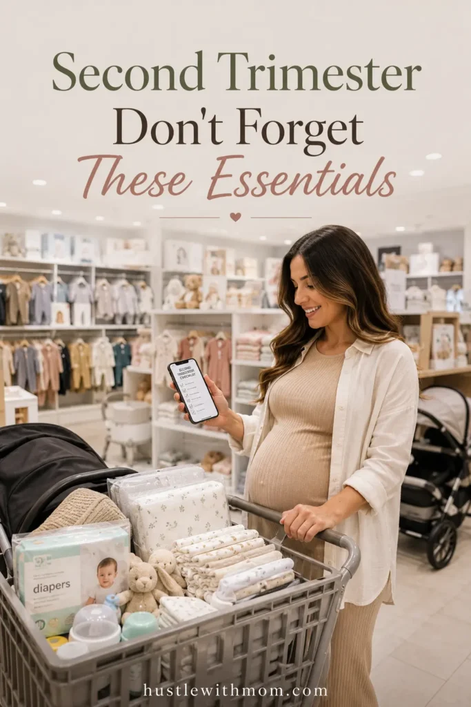 Pregnant woman shopping for baby essentials during the second trimester.