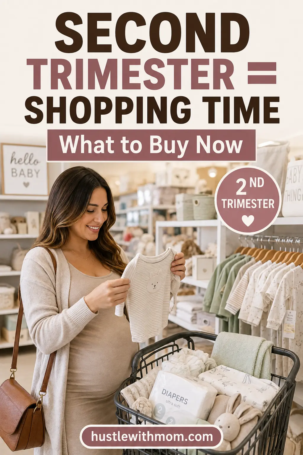 Pregnant woman shopping for baby essentials during her second trimester.