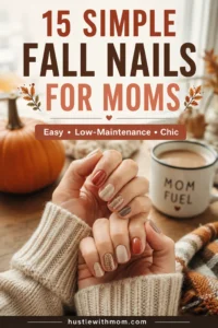 Simple fall nails for moms featuring short, low-maintenance autumn nail designs in warm neutral colors.