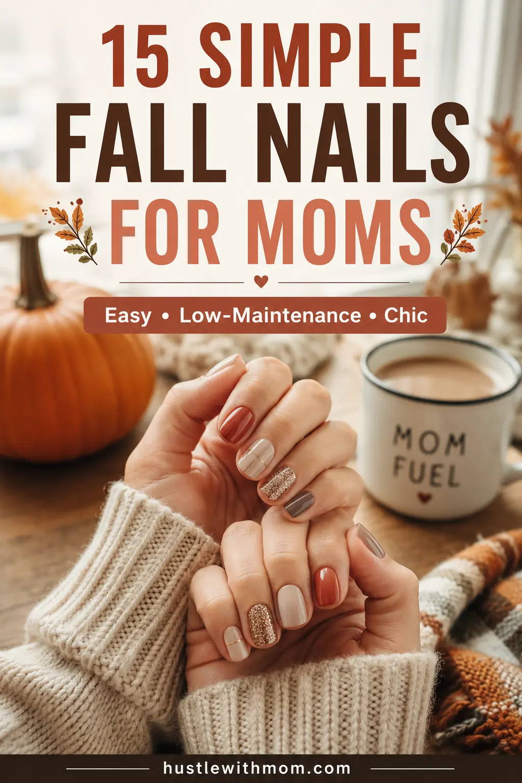 Simple fall nails for moms featuring short, low-maintenance autumn nail designs in warm neutral colors.