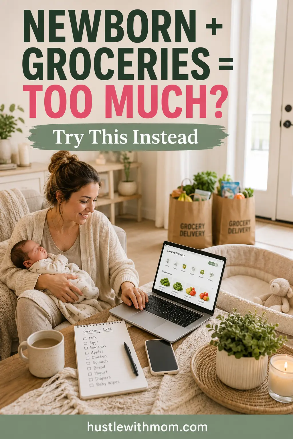 New mom ordering groceries online from home while caring for her newborn.