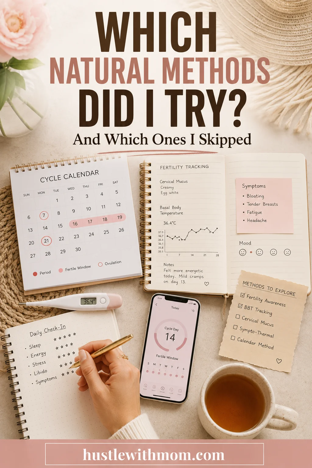 Natural birth control methods shown with a cycle calendar, basal thermometer, fertility journal, and tracking app.