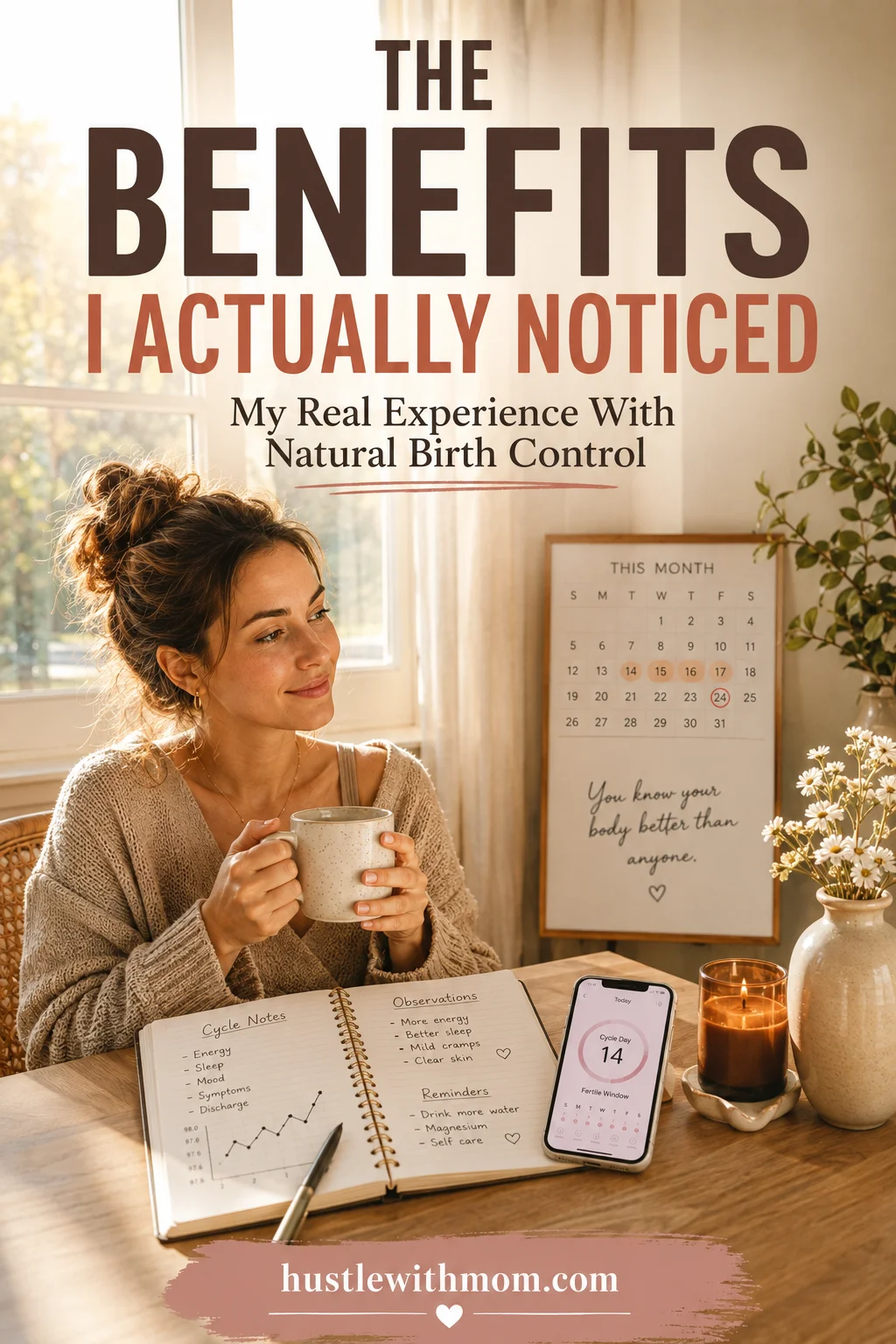 Woman peacefully tracking her menstrual cycle while reflecting on her experience with natural birth control.