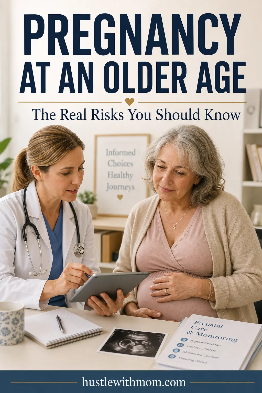 Older pregnant woman discussing prenatal care and pregnancy risks with her healthcare professional.