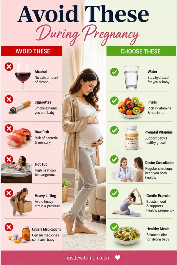 Comparison of unsafe pregnancy habits and healthy alternatives.