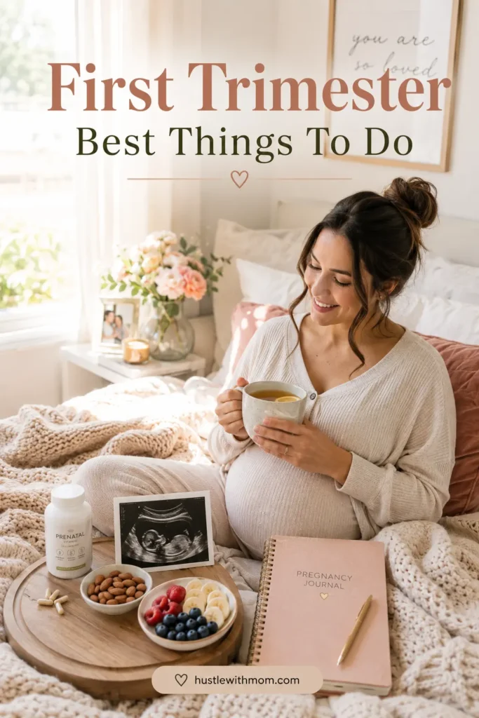 Pregnant woman relaxing with healthy habits during the first trimester.