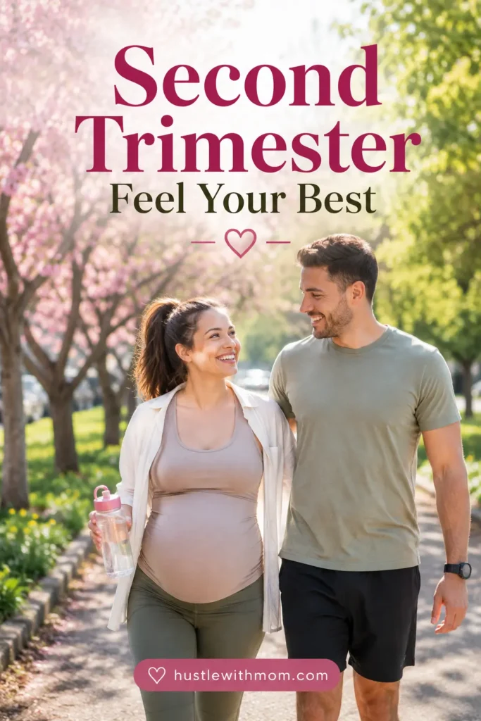 Pregnant couple enjoying a healthy walk during the second trimester.