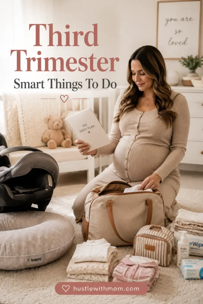 Pregnant woman preparing for labor by organizing baby essentials.
