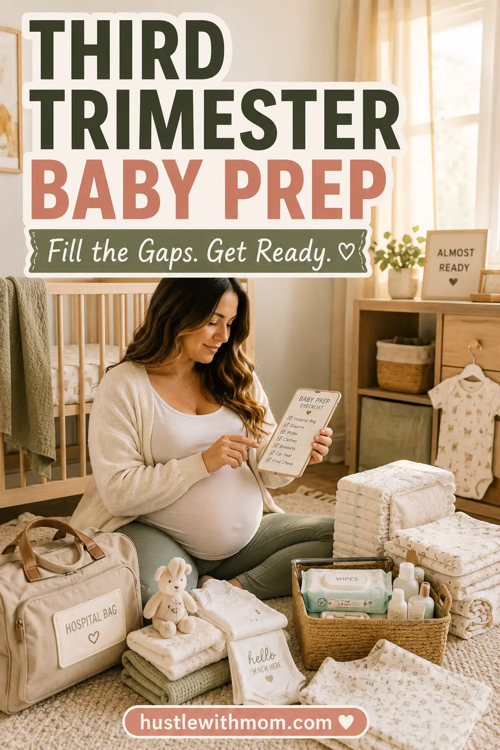 Pregnant mom organizing final baby essentials and preparing the nursery during the third trimester.