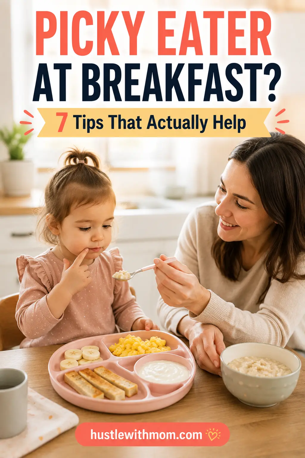 Parent calmly offering different breakfast foods to a picky toddler at the kitchen table.