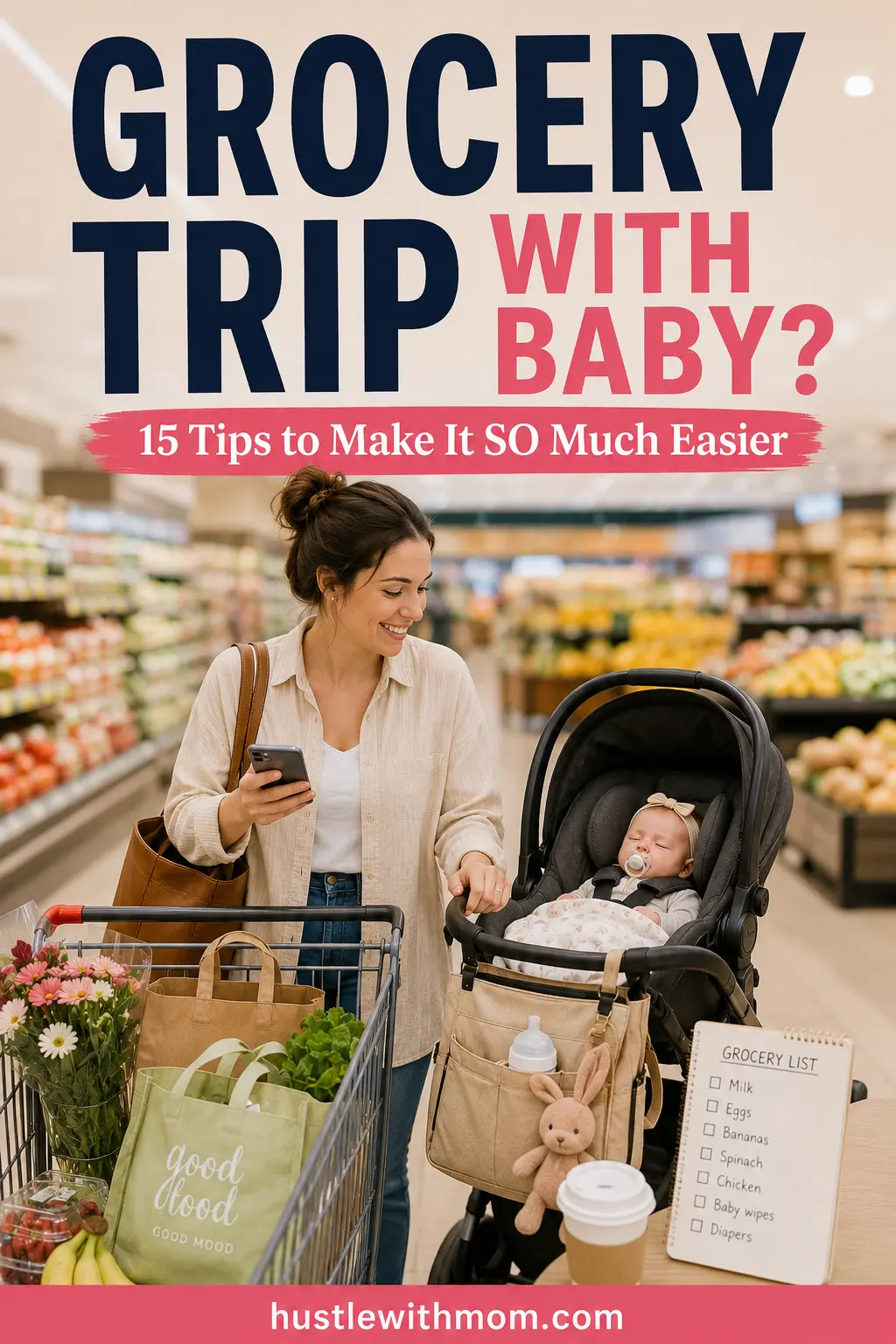 Confident new mom grocery shopping with her newborn using practical strategies for a smoother trip.