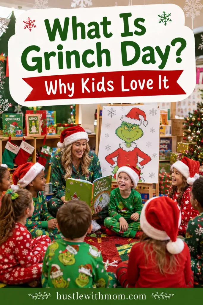 Children celebrating Grinch Day in a decorated classroom while listening to a Christmas story.

