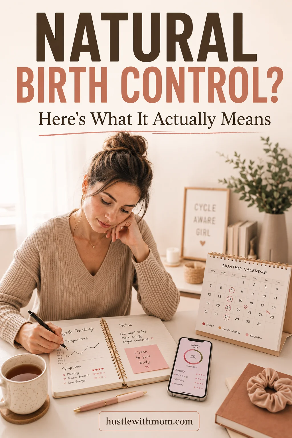 Woman learning about natural birth control through cycle tracking, calendar notes, and fertility awareness.