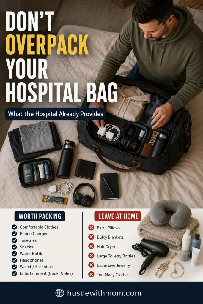 Dad organizing hospital bag essentials and avoiding unnecessary items before the baby's arrival.