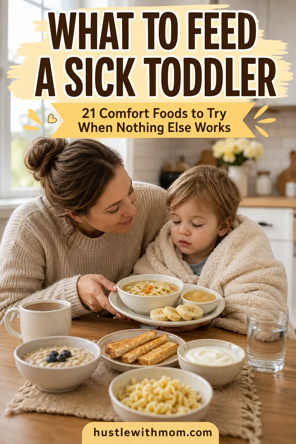 Sick toddler sitting with a mom while being offered comforting foods including soup, banana, oatmeal, yogurt, and soft toast.