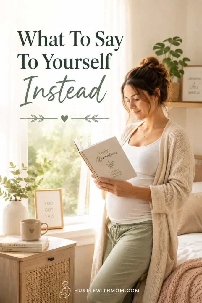 Pregnant woman reading encouraging affirmations in a journal.