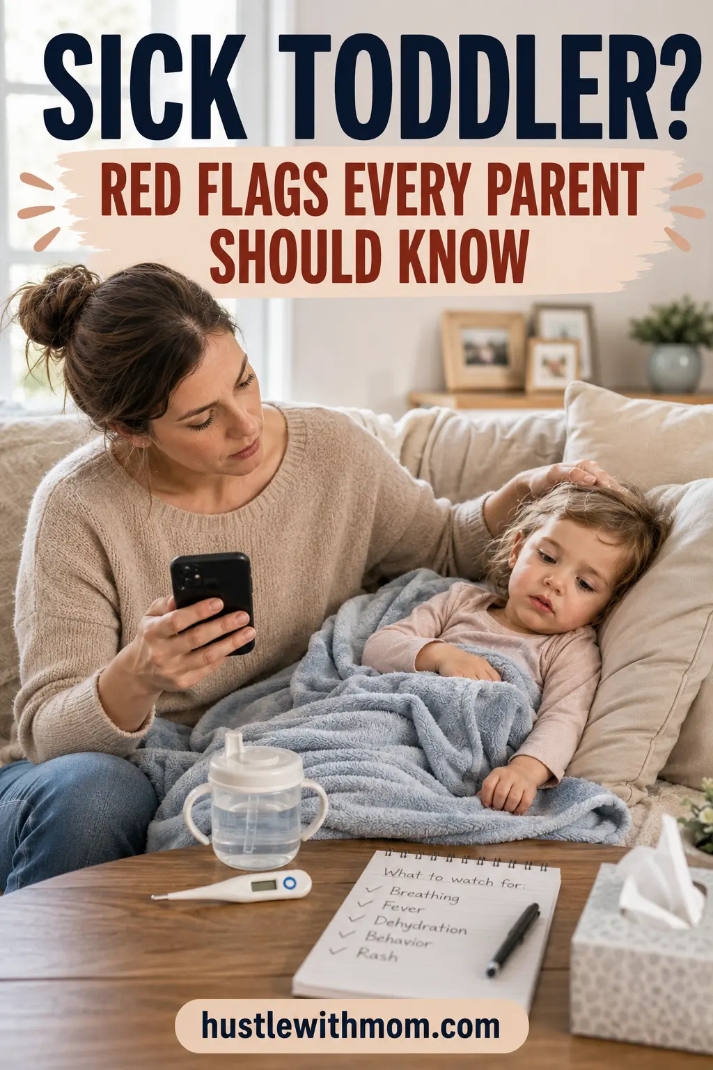 Parent monitoring a sick toddler at home and watching for signs that may require medical attention.