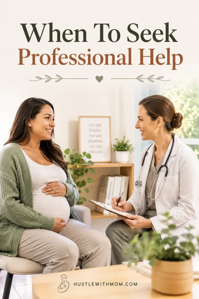 Pregnant woman speaking with a healthcare professional during a prenatal visit.