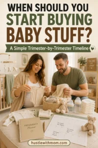 Expectant couple organizing baby essentials with a pregnancy shopping timeline in a cozy nursery.