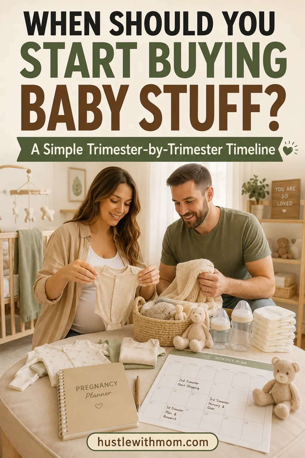 Expectant couple organizing baby essentials with a pregnancy shopping timeline in a cozy nursery.