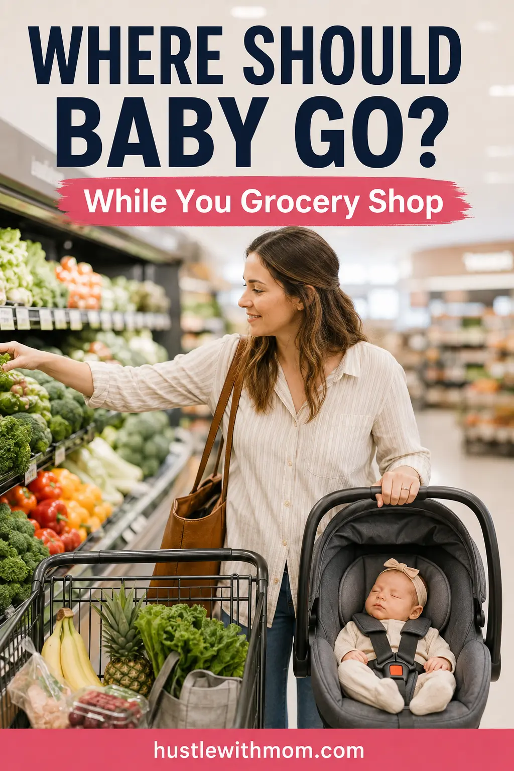 New mom safely shopping with her newborn secured in an appropriate infant carrier or stroller.