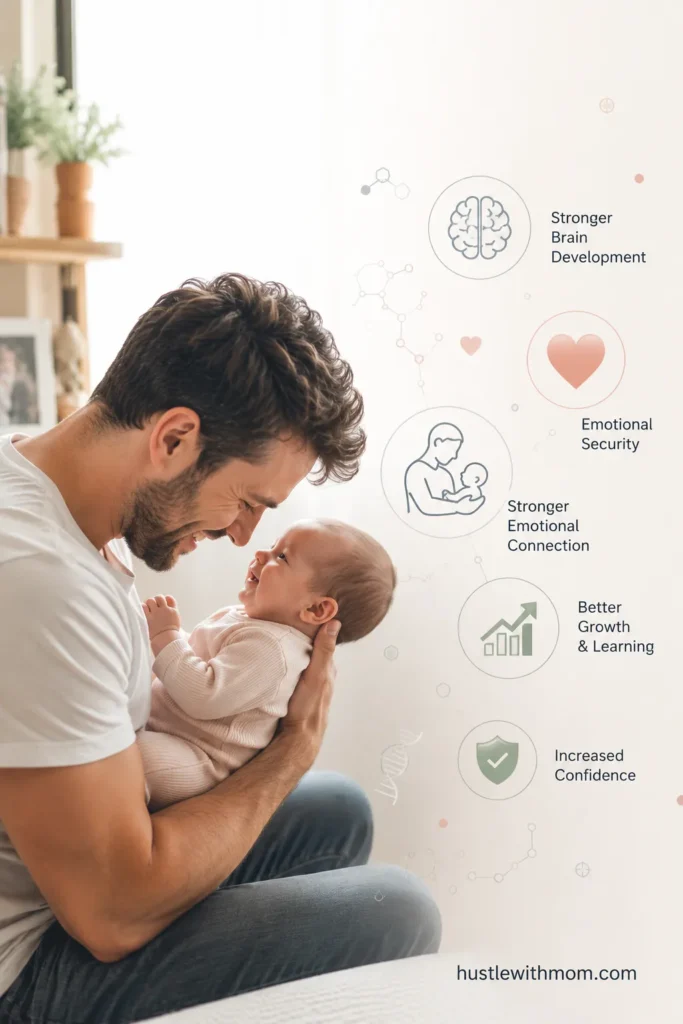 Father smiling at his baby while demonstrating healthy emotional bonding.