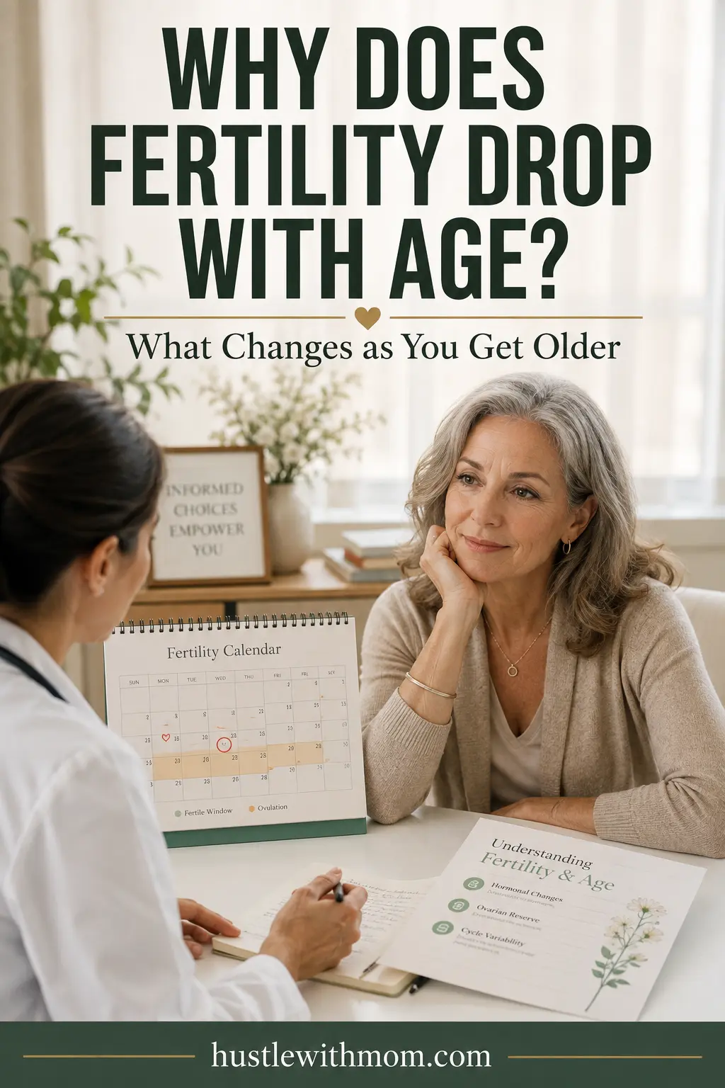 Mature woman discussing fertility and age with a healthcare professional while reviewing a fertility calendar.