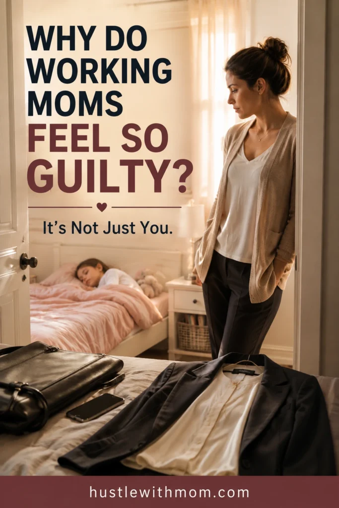 Working mother looking at her sleeping child before leaving for work and feeling the emotional pressure of mom guilt.