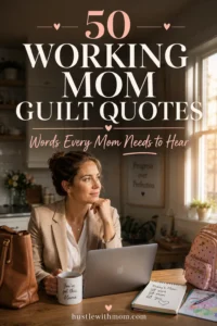 Working mom sitting with her laptop and child's backpack while reading powerful quotes about working mom guilt.