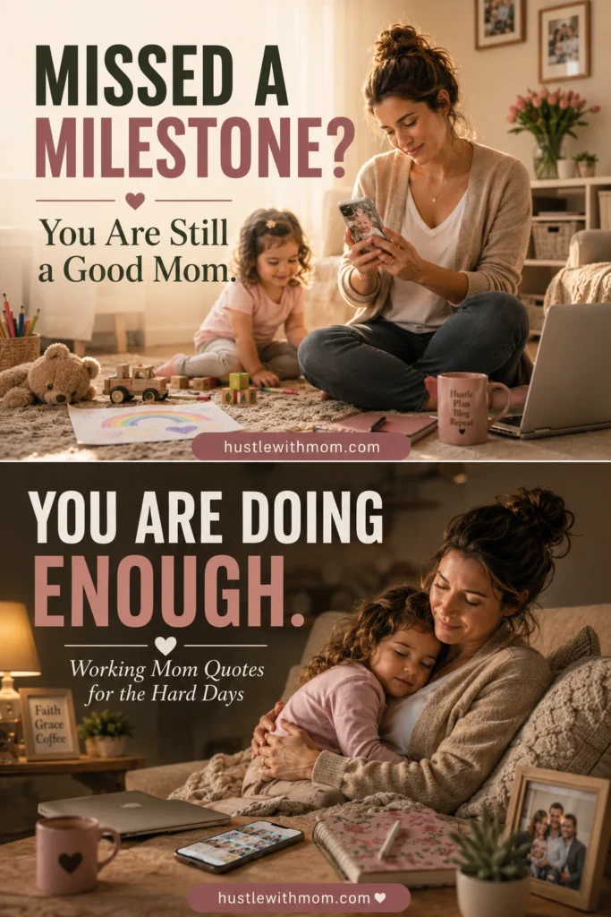 Tired working mom cuddling her child at home with a message reminding moms they are doing enough.