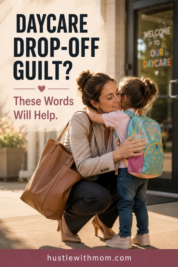 Working mom hugging her child during daycare drop-off while coping with working mom guilt.