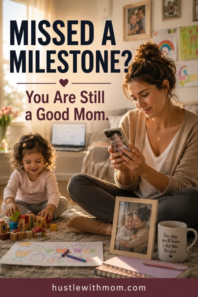 Working mother looking at a photo of her child's milestone while her child plays nearby.