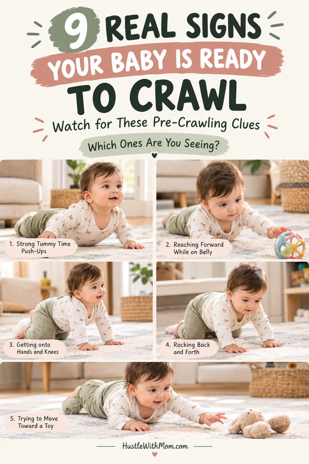 Collage showing different signs that a baby may be getting ready to crawl.