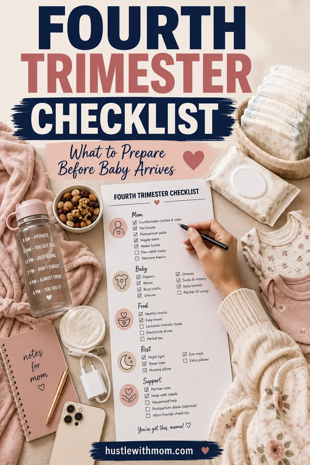 Fourth trimester checklist with postpartum essentials, newborn supplies, and new mom preparation items