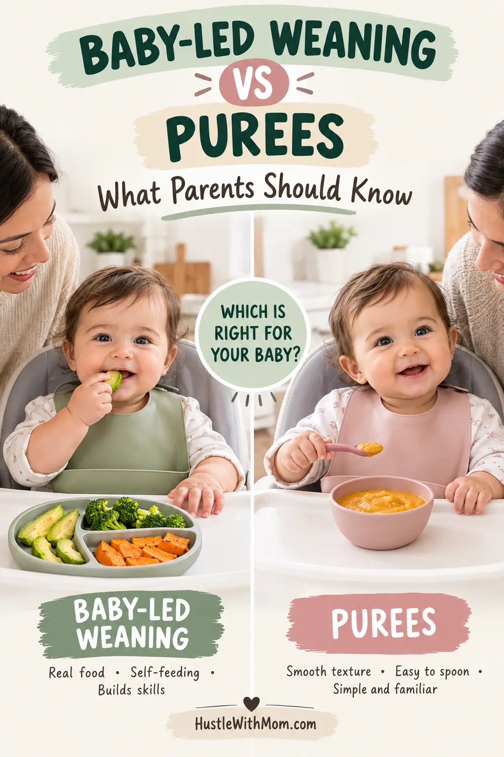 Visual comparison of baby-led weaning finger foods and spoon-fed purees for starting solids.