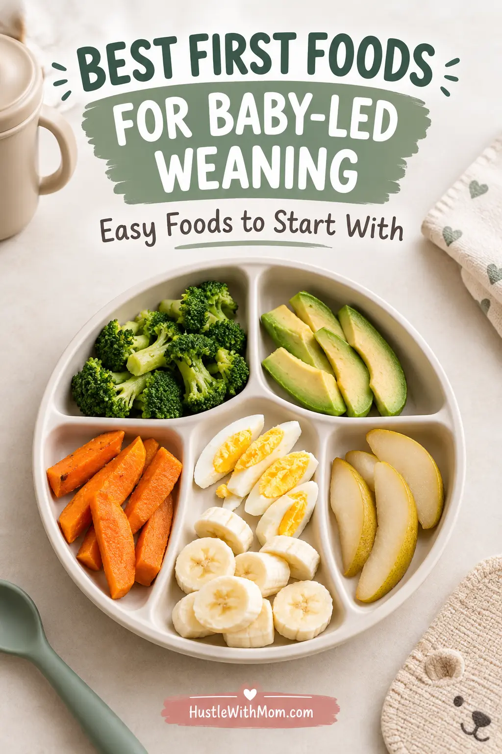 Soft baby-friendly first foods arranged for a baby-led weaning meal.