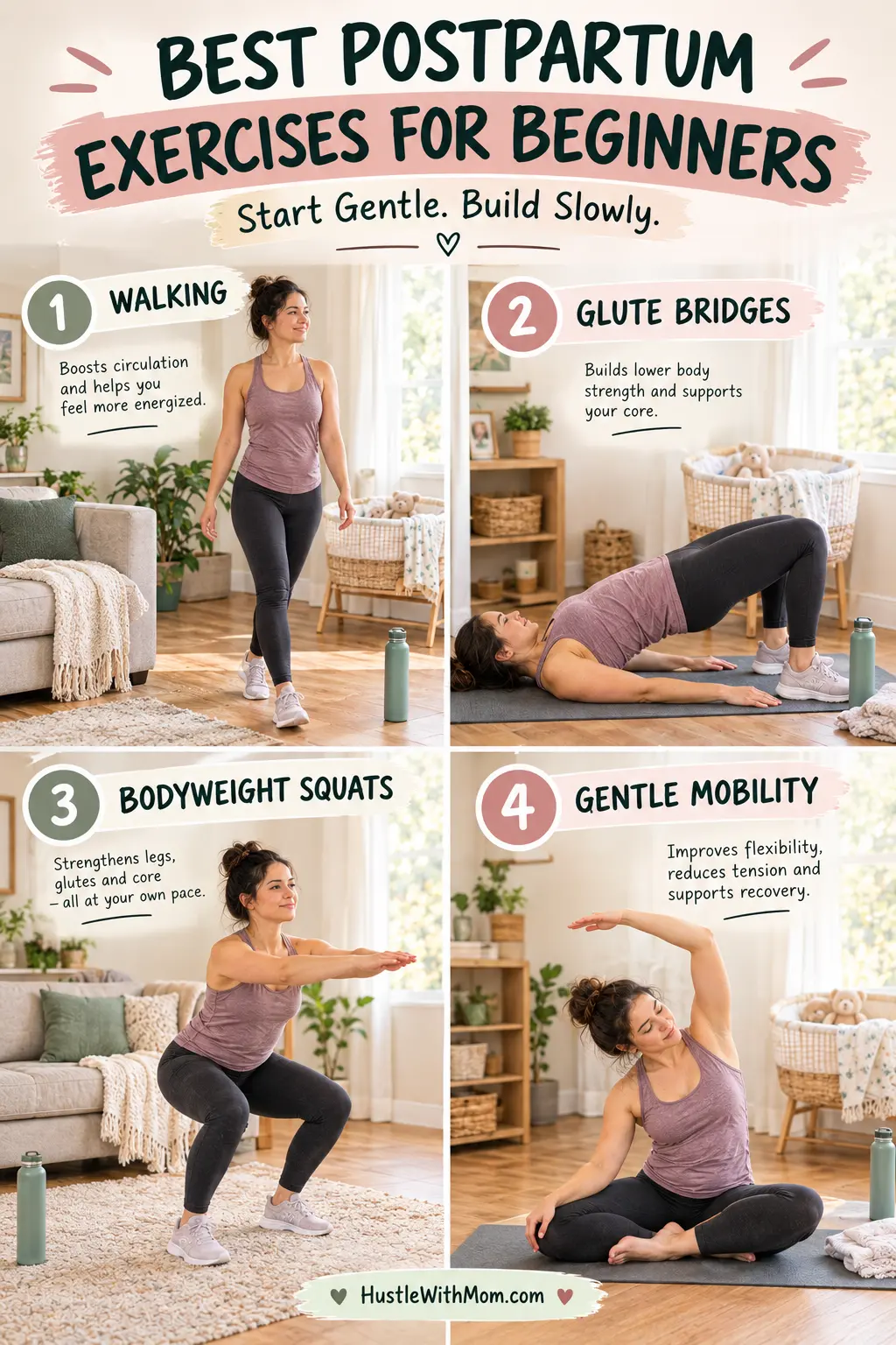 New mother performing beginner-friendly low-impact postpartum exercises at home.