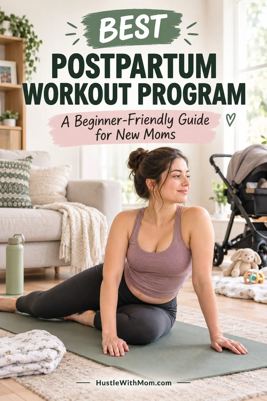 New mother doing a gentle beginner postpartum workout at home.