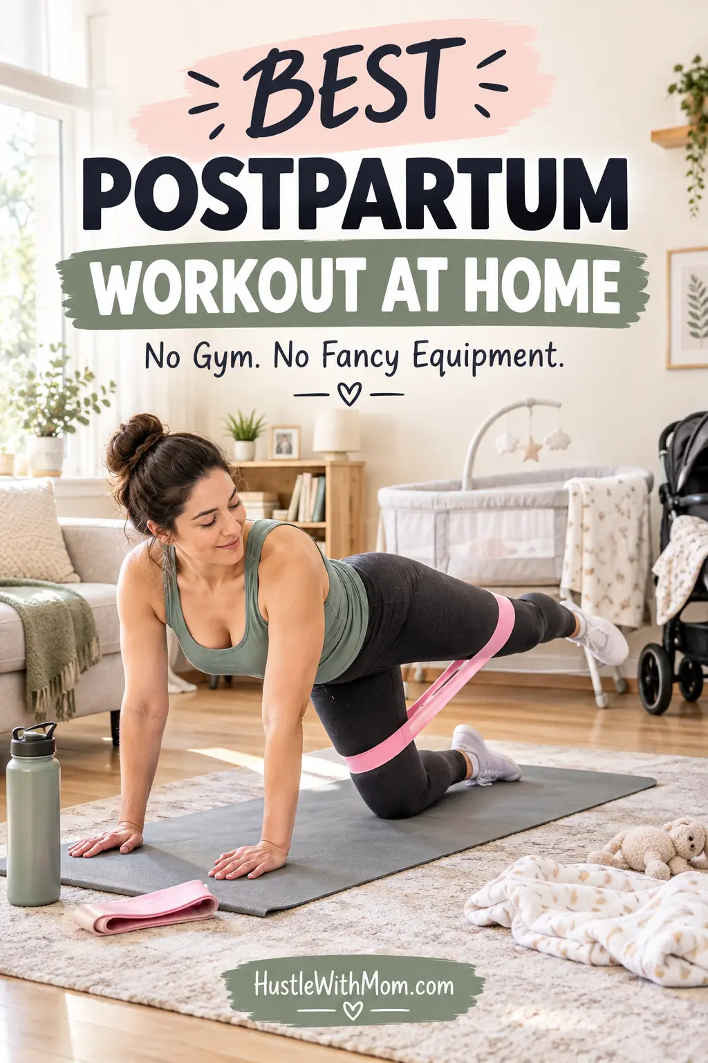 New mother doing a gentle postpartum workout at home with simple equipment.