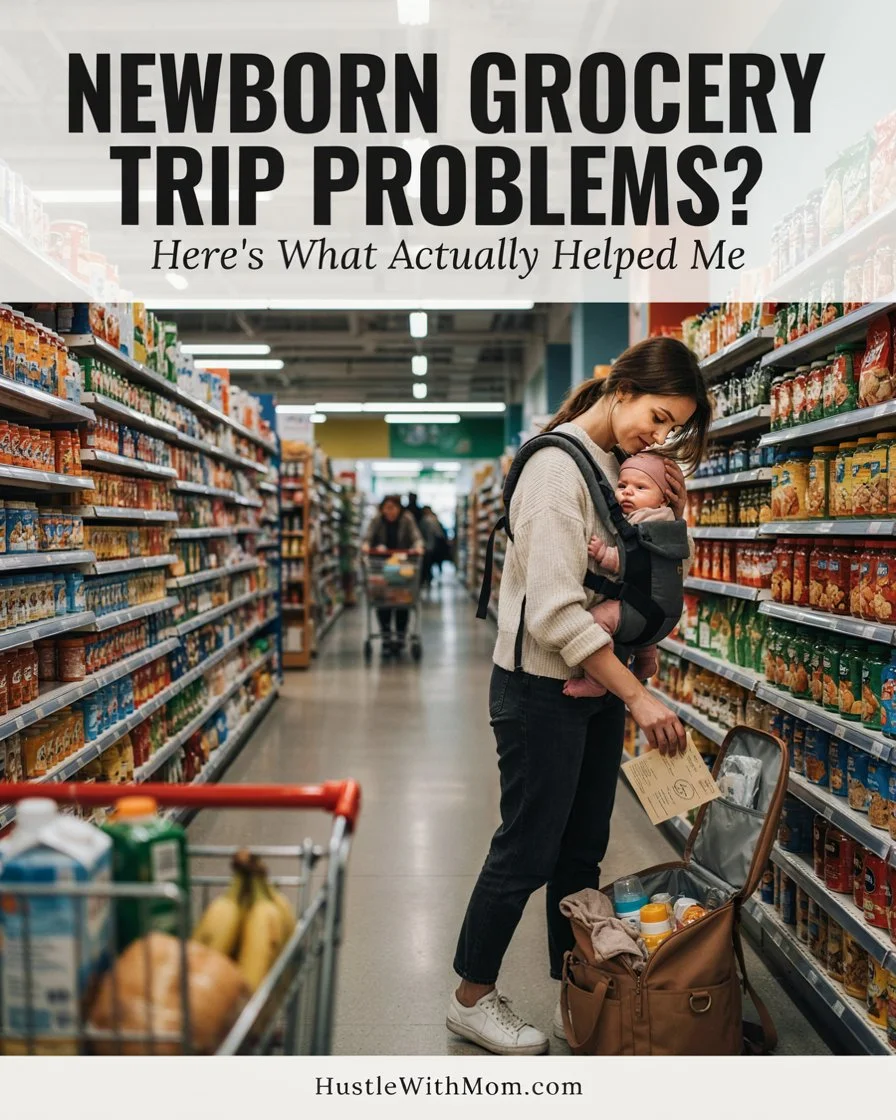 New mother calmly handling a common challenge while grocery shopping with her newborn.